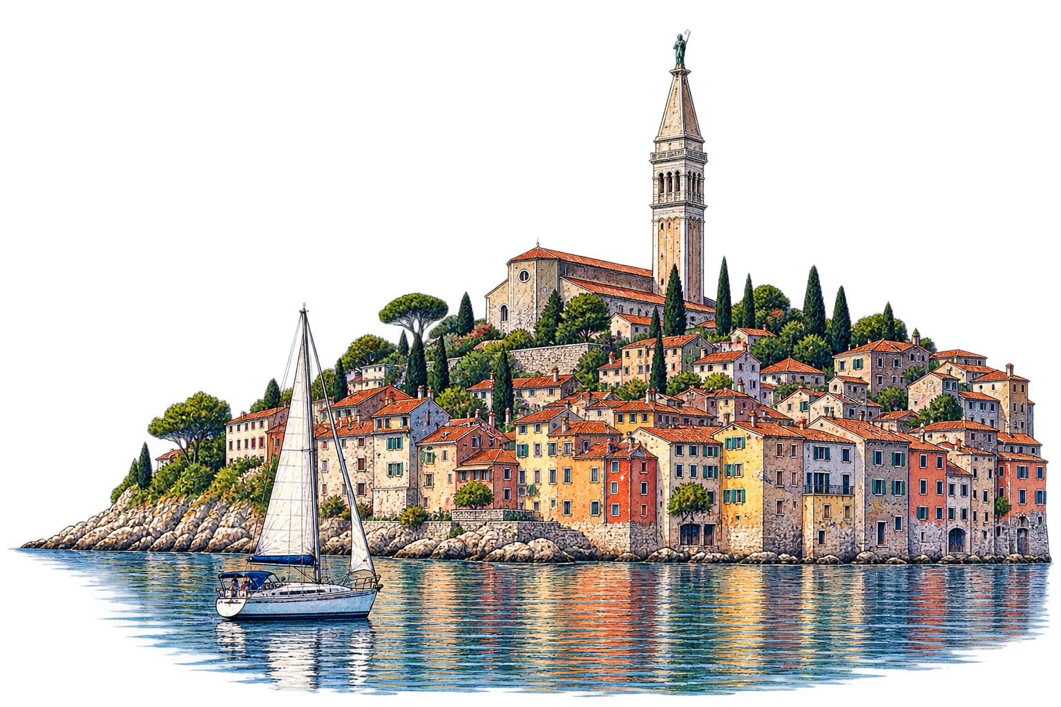 Illustration of a Croatian coastal town with a bell tower and a sailboat