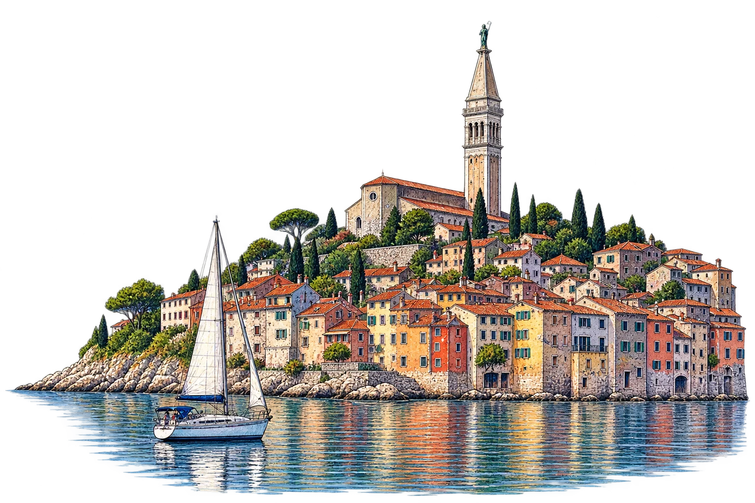 Illustration of a Croatian coastal town with a bell tower and a sailboat