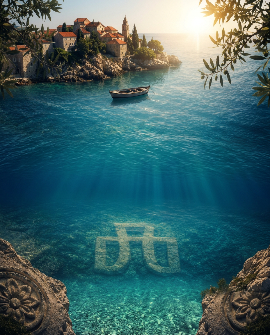 Croatian Mediterranean coastline with a small boat, historic village, and submerged HR initials in clear blue water